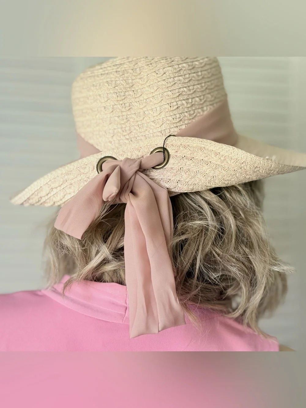 Nine West Light Pink Straw Sun Hat with Taupe Band One Size
